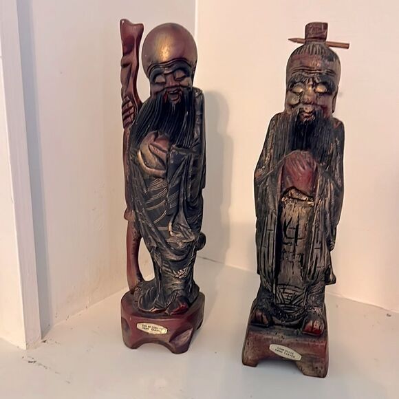 Vintage Pair of 2 Hard Carved Wood Figures Confucius and God of Longlife - Picture 8 of 8